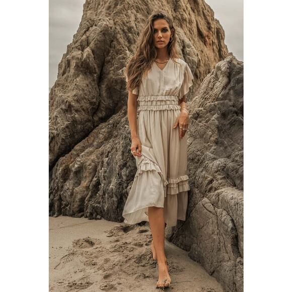 NWT Bohme Willa Ruffle Midi Length V-Neck Dress in Ivory Size Large - Picture 1 of 4